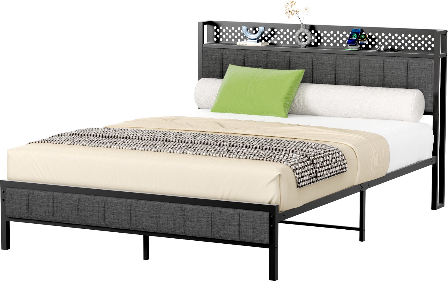 Maisentiel Metalen bed 140x200 cm met USB-poorten, opbergrek en stoffen hoofdbord zwart