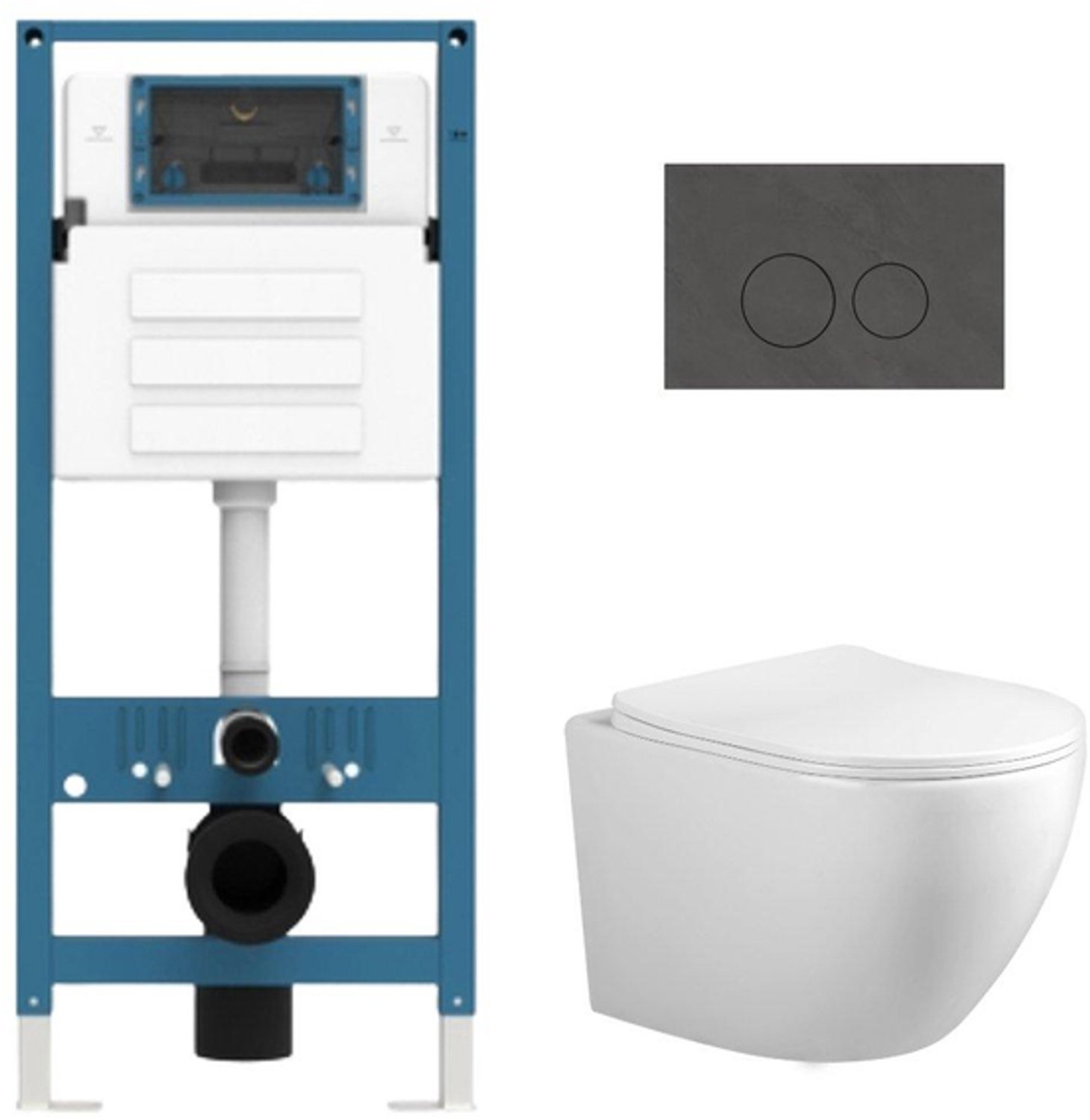 Adema Salina 2.0 Toiletset - 48.5x36x32cm - diepspoel - spoelrandloos - QeramiQ inbouwreservoir - softclose - quickrelease - toiletzitting - donker marmeren natuurstenen bedieningsplaat - ronde knoppen - wit