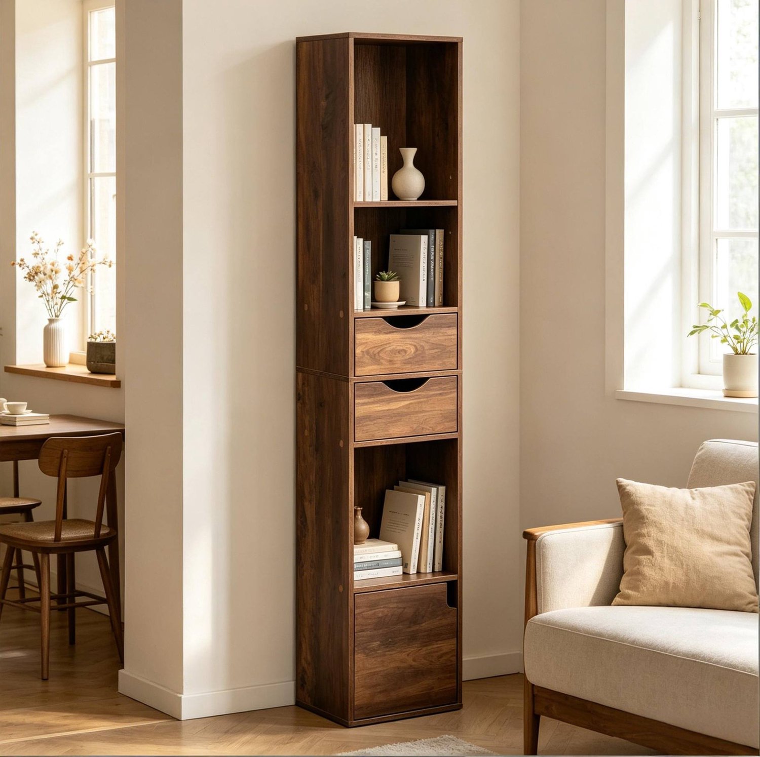CHICFURN Boekenkast 30 cm - Verstelbare vakken - 2 laden - Bruin