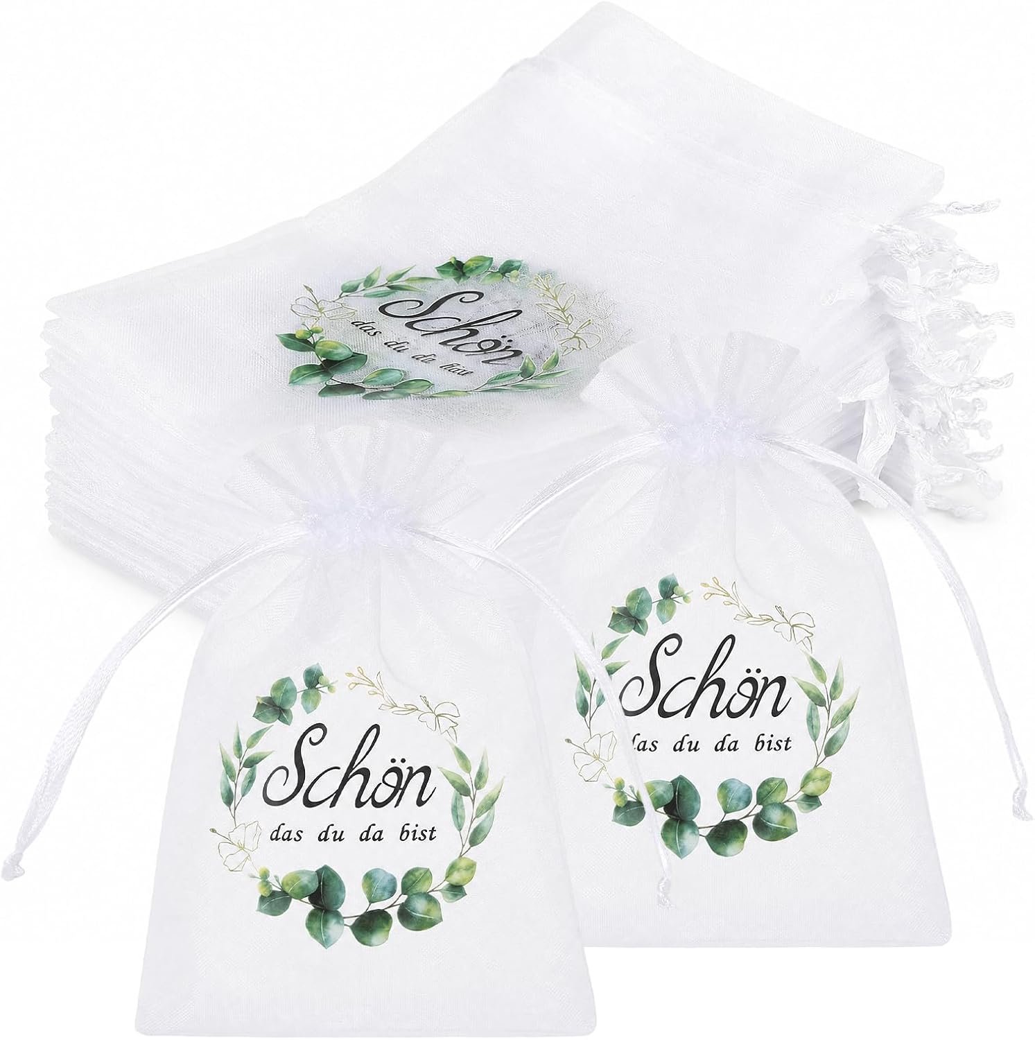 Gastgeschenken bruiloft 60 stuks - organza zakjes - opdruk 'Schön dass du da bist' - m-winkel