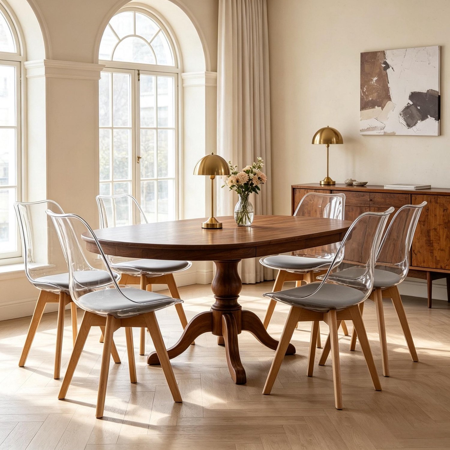 DESMIU Eetkamerstoel - Kuipstoel Set Van 6 - Vaste Zitting Met Kunstleren Kussen - Voor Eetkamer En Woonkamer - Hout, Kunststof En Kunstleer - Grijs