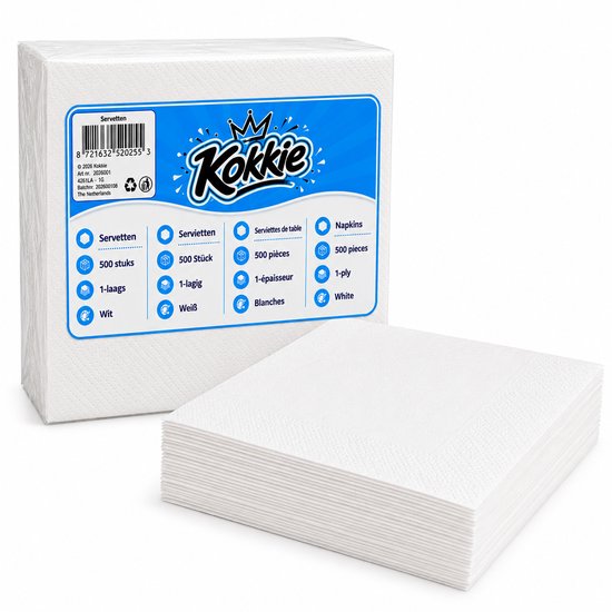 Serviettes Kokkie blanches, 500 pièces, 1 épaisseur, emballées dans une boîte et une pile de serviettes.