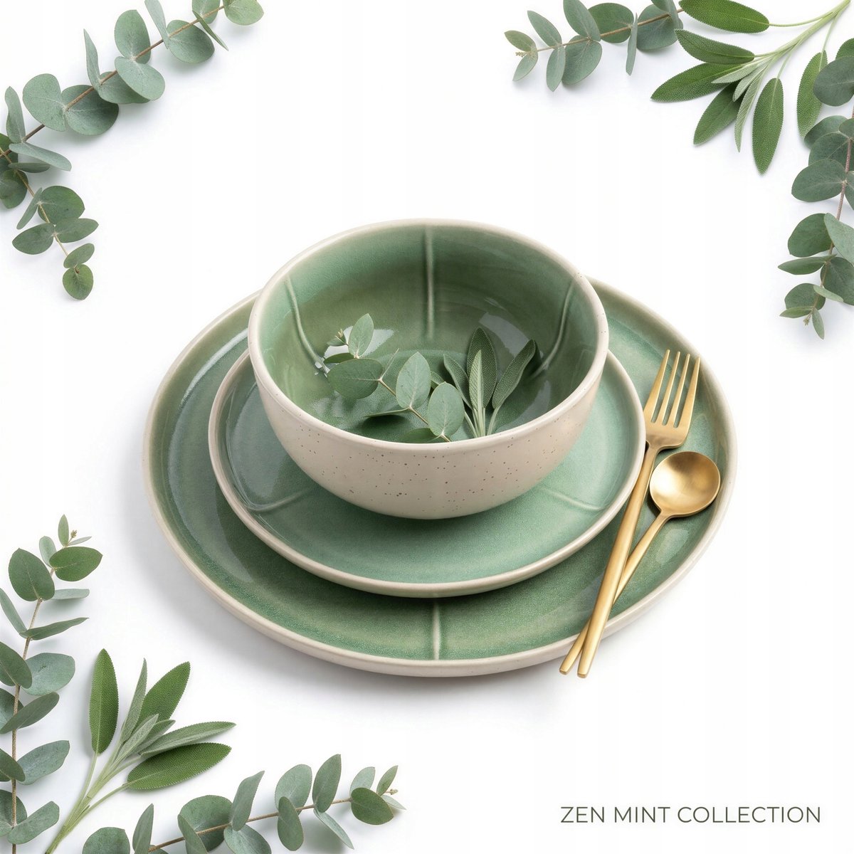 ZEN MINT Servies 18-delig voor 6 personen - Groen/Beige