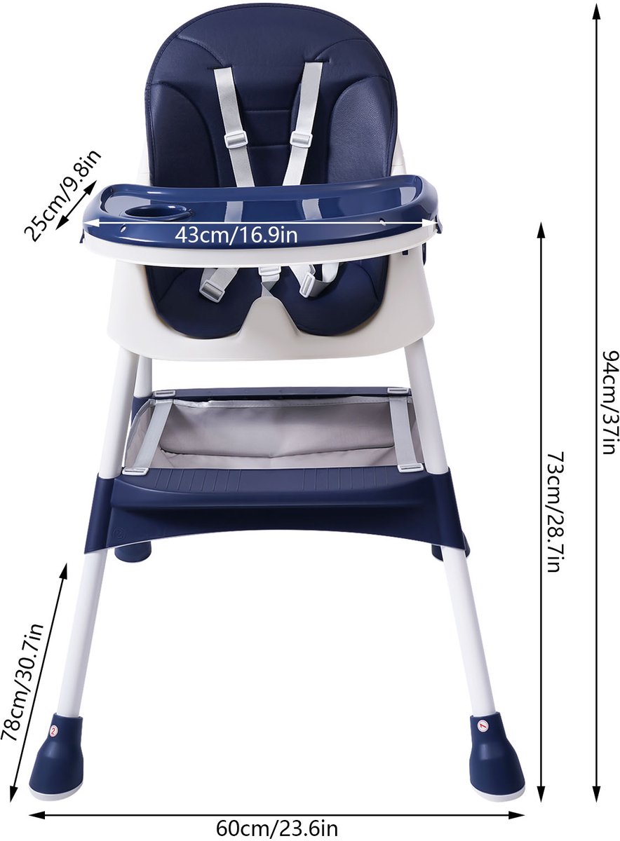 Mura Kinderstoel - Eetstoel Baby - Meegroeistoel - Babystoel - Geschikt 6 Maanden Tot 6 Jaar - Opvouwbaar Design - Blauw/Wit