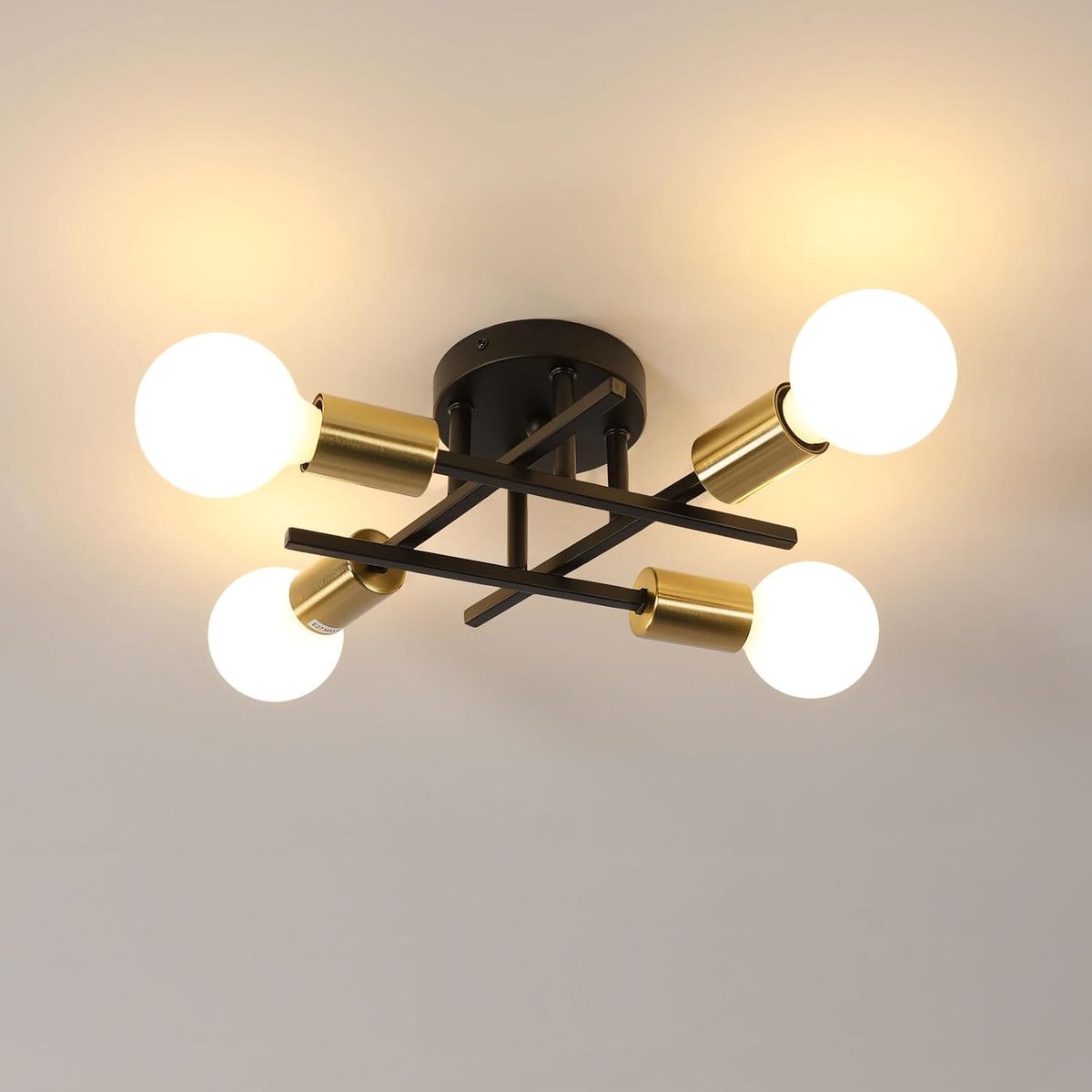 Riserva - Plafondlamp - Industrieel Vormvrij - Zwart‑Goud IJzer - 4‑Voudig E27 Max 60W Zonder Lampen