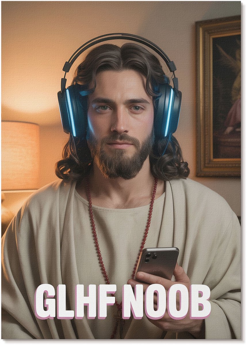 Tulup Polycanvas Wandposter - Jezus De Speler, Illustratie - A4 - Beige Motief - Rechthoek - Interieurdecoratie - Woonkamer, Slaapkamer, Kantoor - Humoristisch