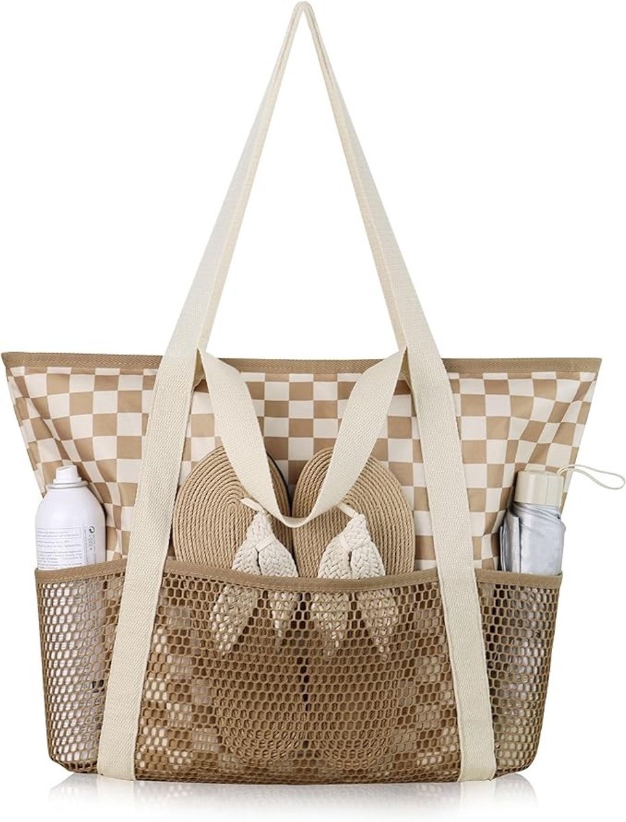 PolkaHome Waterdichte Strandtas met Dambordpatroon, Opvouwbaar, Grote Inhoud, voor Strand, Zwembad, Reizen en Sport