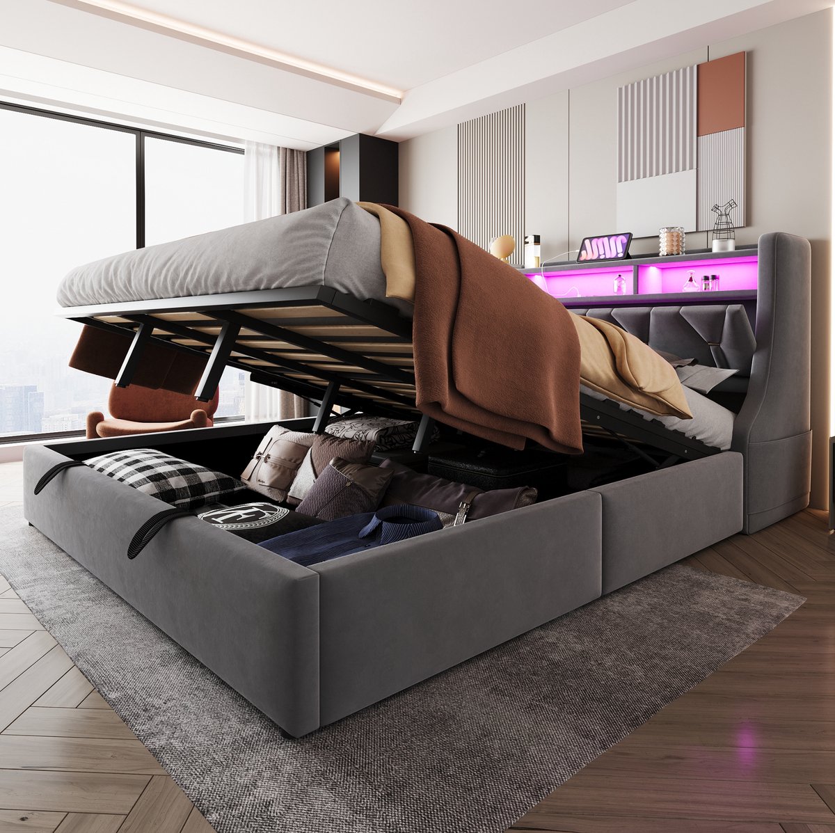 DESMIU Gestoffeerd Bed 180x200 cm – Hydraulisch Opbergbed Met Opklapbaar Hoofdbord – LED, Stopcontact En Plank – Tweepersoonsbed Van Fluweel – Grijs – Zonder Matras