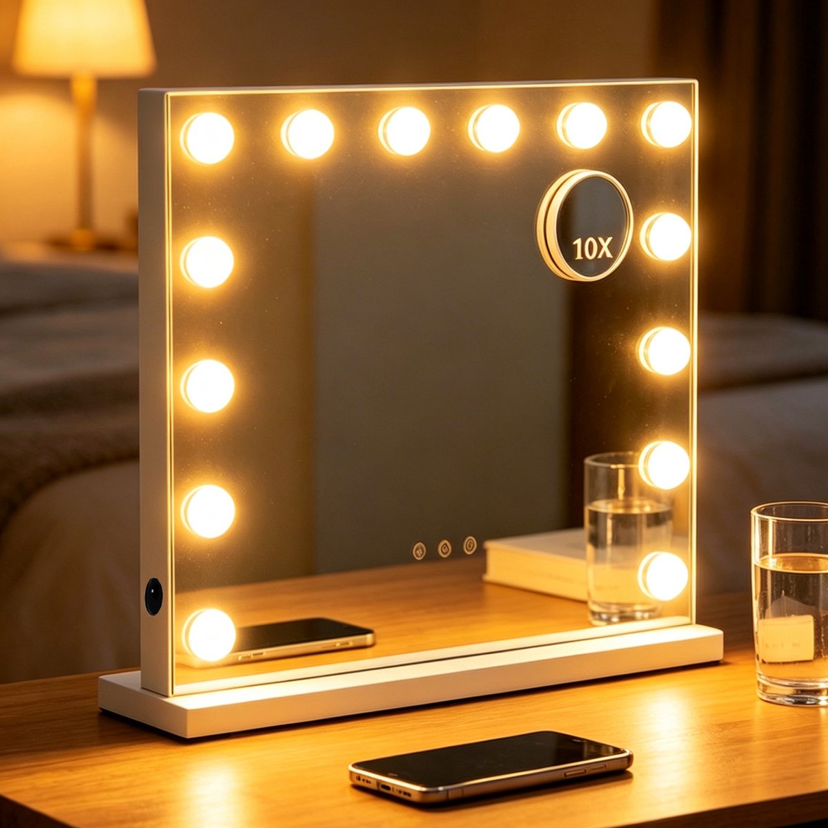 ANTENLICHT Make Up Spiegel met Verlichting - Hollywood Spiegel 50x42CM - 10x Vergroting - 14 LED Lampen - Dimbaar - 3 Lichtstanden - Make Up Spiegel - Wit