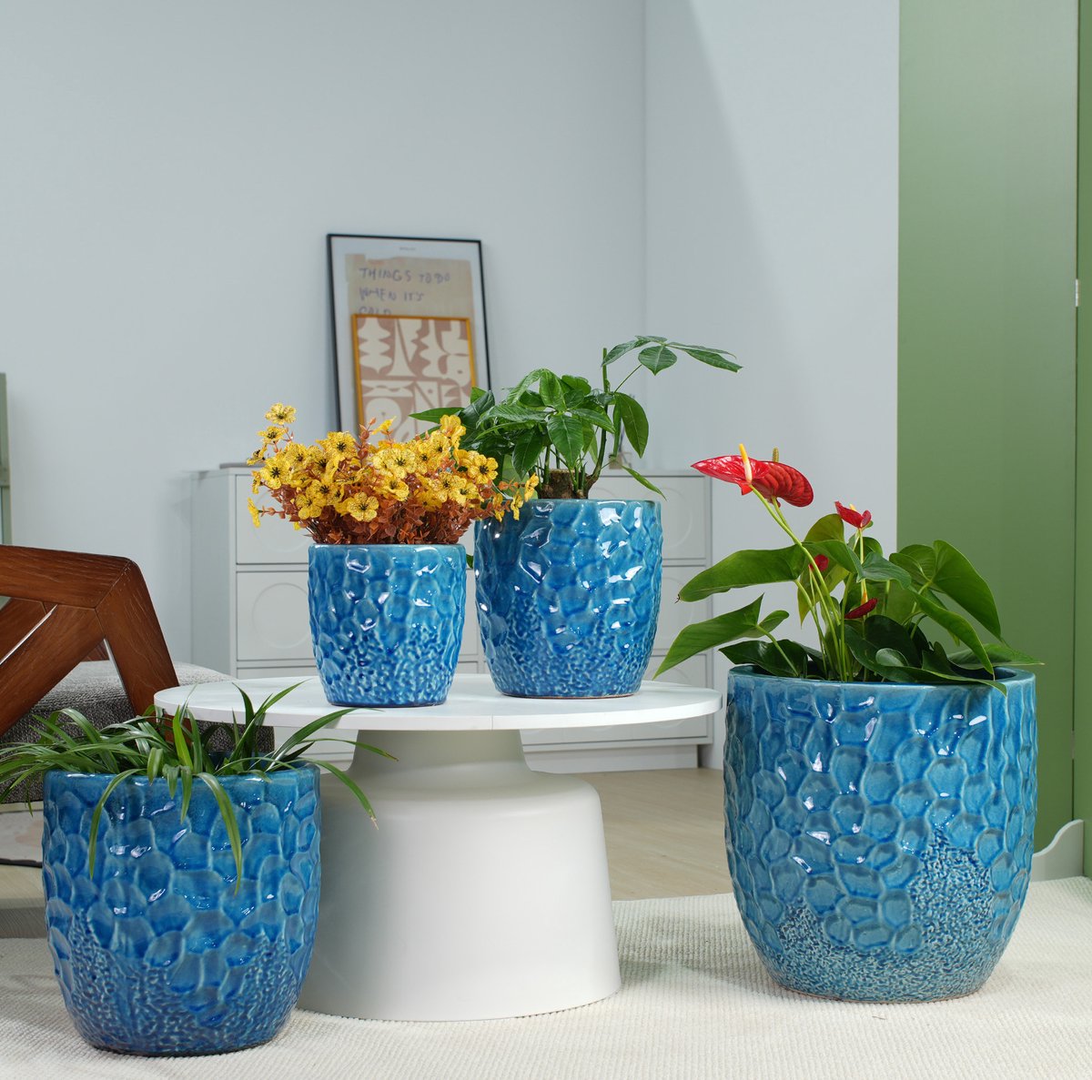 MIVRAY Bloempot – Handgemaakt Glanzend Hamerslagrelief – Ø38 Cm – Keramiek – Blauw – Voor Binnen En Buiten – Met Afwateringsgat