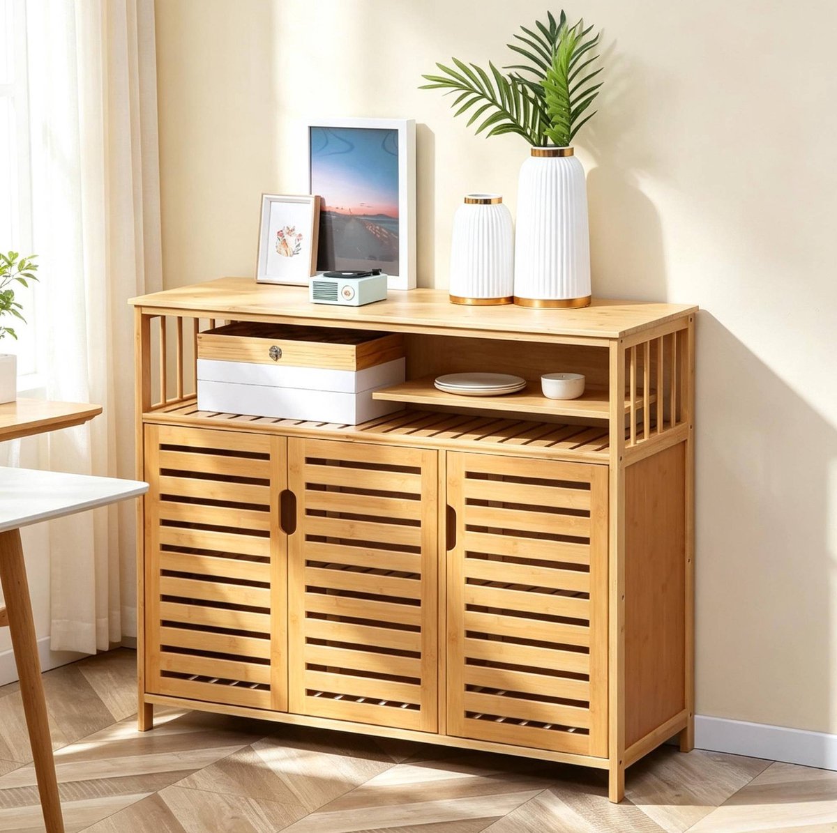 MODENUIT Dressoir - Bamboe Met Lamellendeuren En Open Vak - Woonkamer En Eetkamer - Naturel - 100x35x82 Cm