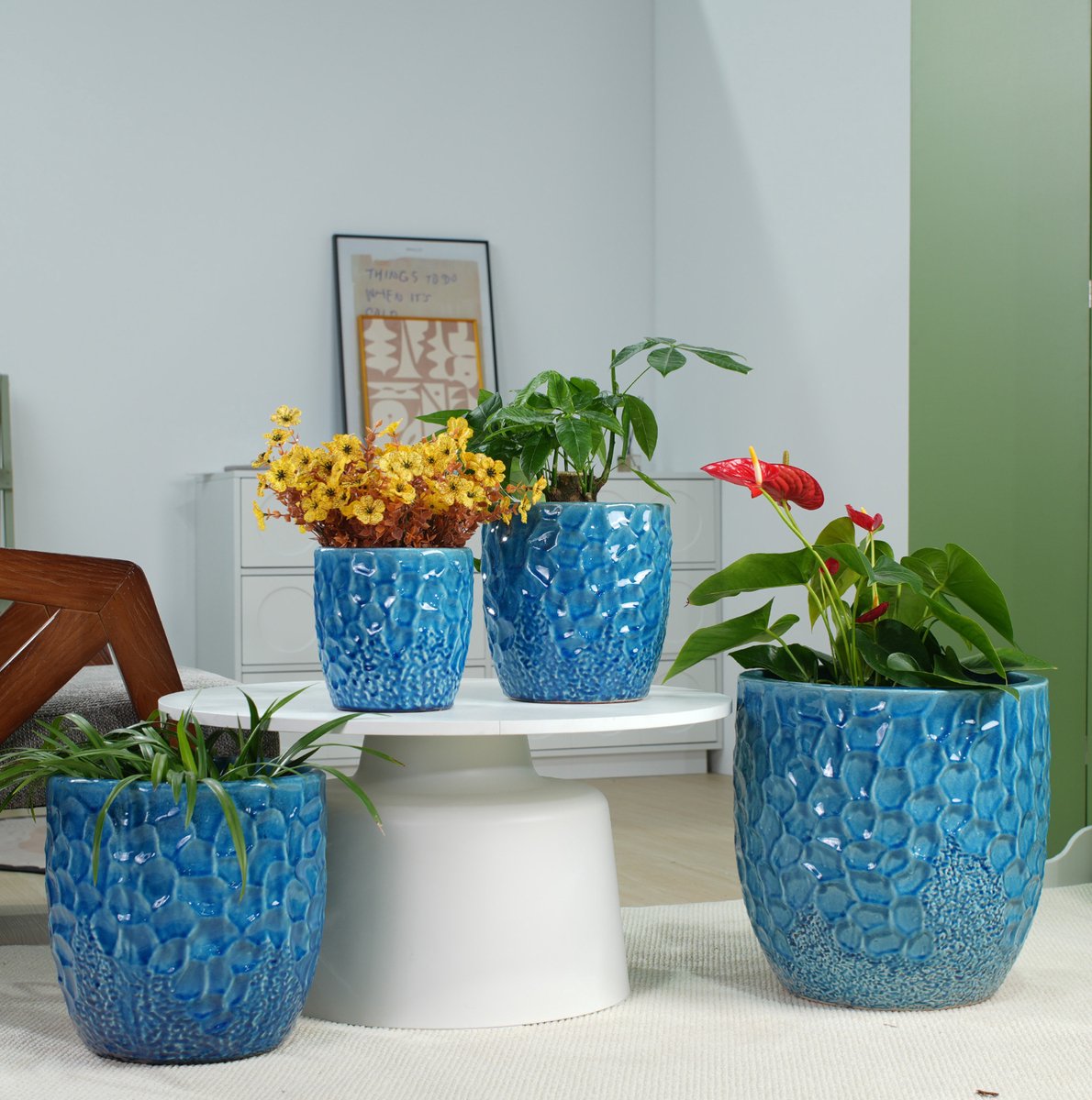MIVRAY Bloempot Set – Handgemaakt Glanzend Blauw Met Hamerslagreliëf – Ø38/30/22,5/18 Cm – Keramiek – Voor Binnen En Buiten