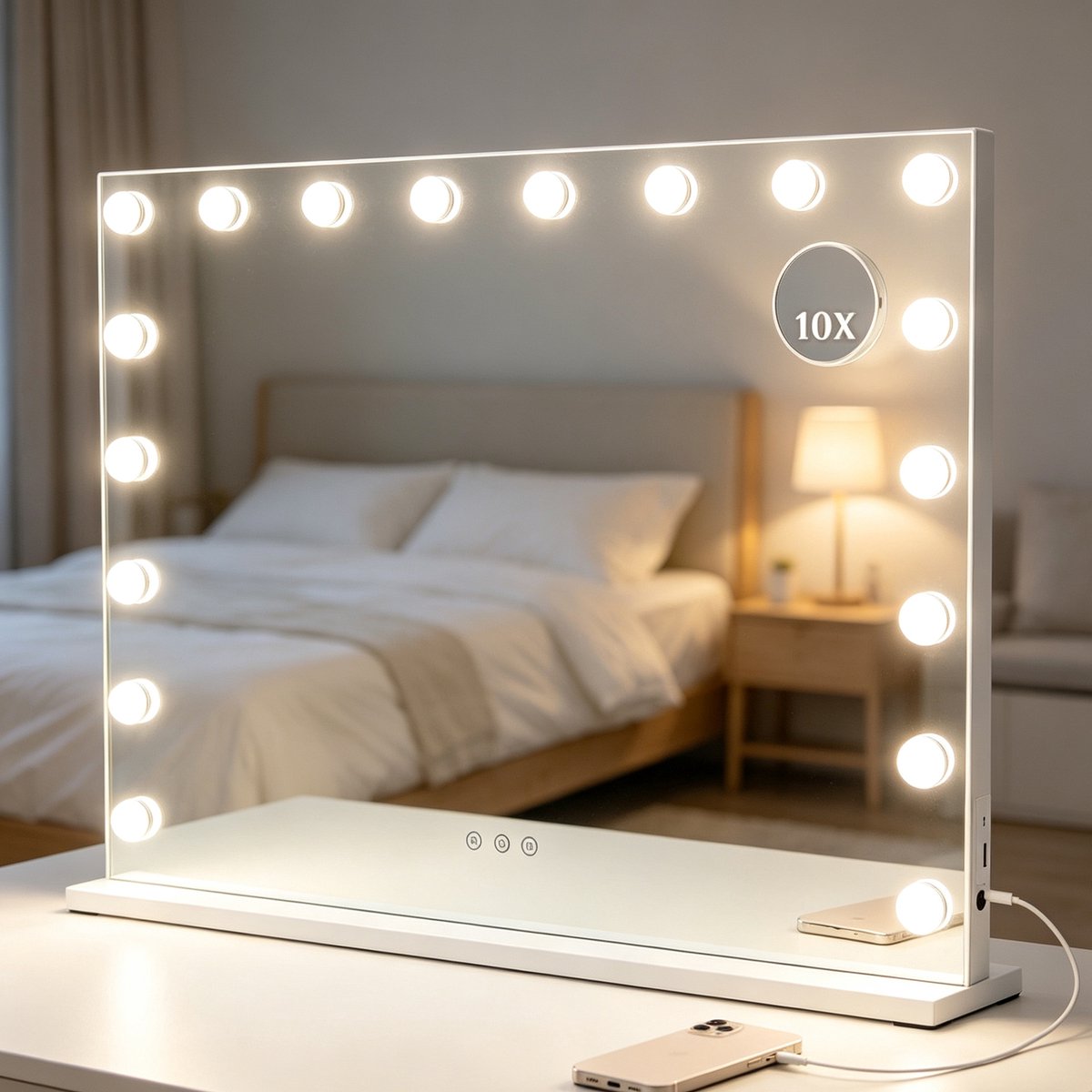 ANTENLICHT Make‑up Spiegel - Hollywood Spiegel 80x60CM met Verlichting - 18 Dimbare LED Lampen - 10x Vergroting - 3 Lichtstanden - USB & USB‑C Oplaadporten - Touch Bediening - Wit