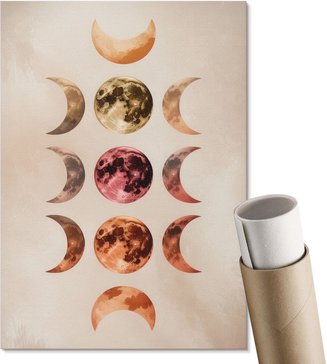 Coloray Canvas Poster Polycanvas - Maanfasen, Illustratie - A4 - Beige Patroon - Rechthoek - Wandkunst - Woonkamer, Slaapkamer, Kantoor - Expressief