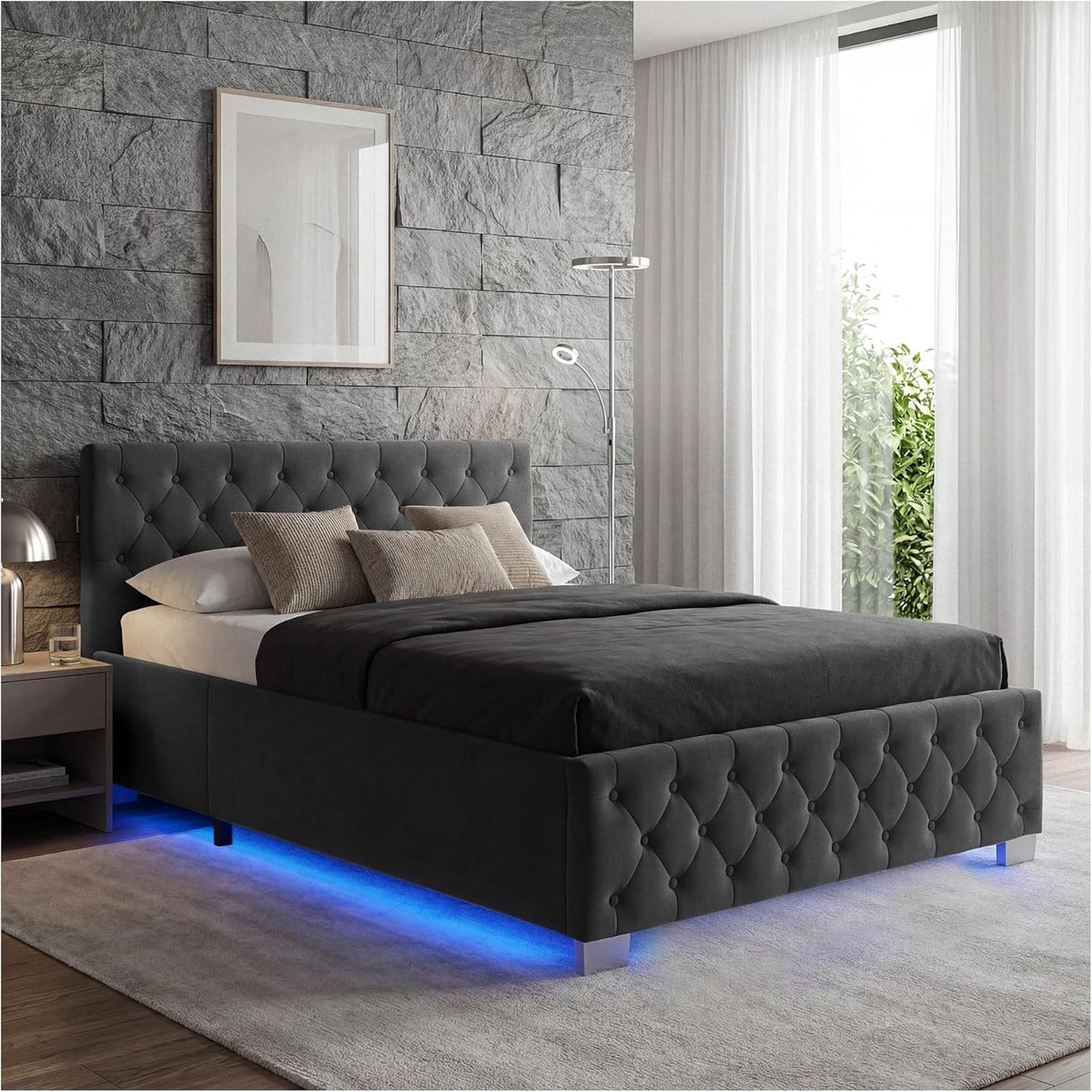 tectake Chesterfield, Bed 180 x 200 cm, Bedroom Bed with Storage Box, Upholstered Bed, Bed with Storage Space, Double Bed, Youth Bed, King Size Bed, Sleeping Bed, Gaming Bed with LED - Velvet Look, Bl