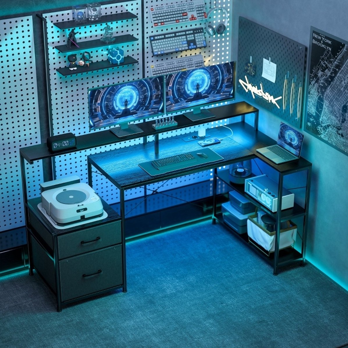 MODFU - Gaming Bureau - L-Vormig Met LED En Stopcontacten - Dubbele Monitorstandaard - Zwart