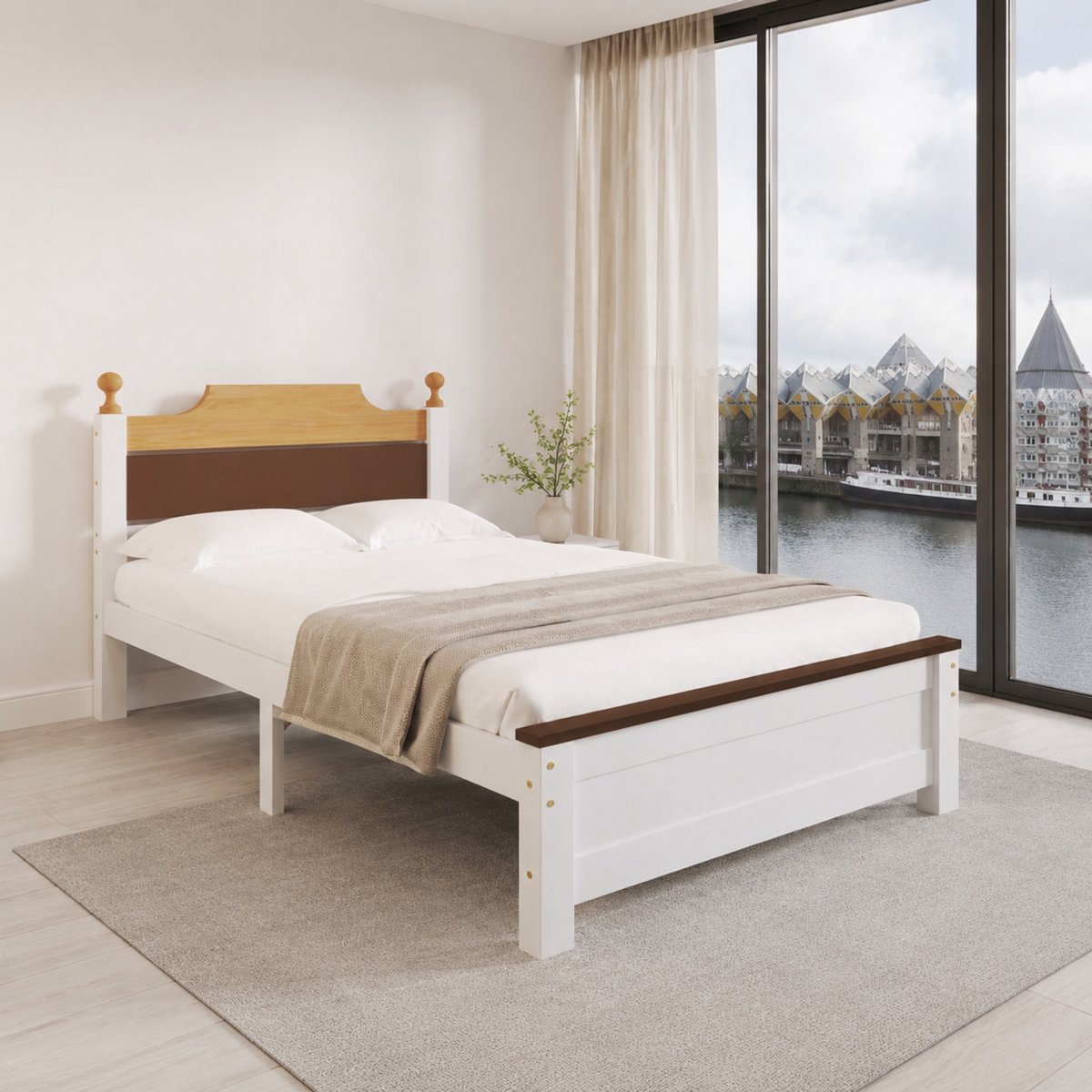 WUVRIE Eenpersoonsbed 90x200 cm in wit met MDF hoofdbord, voetbord en middenpoot