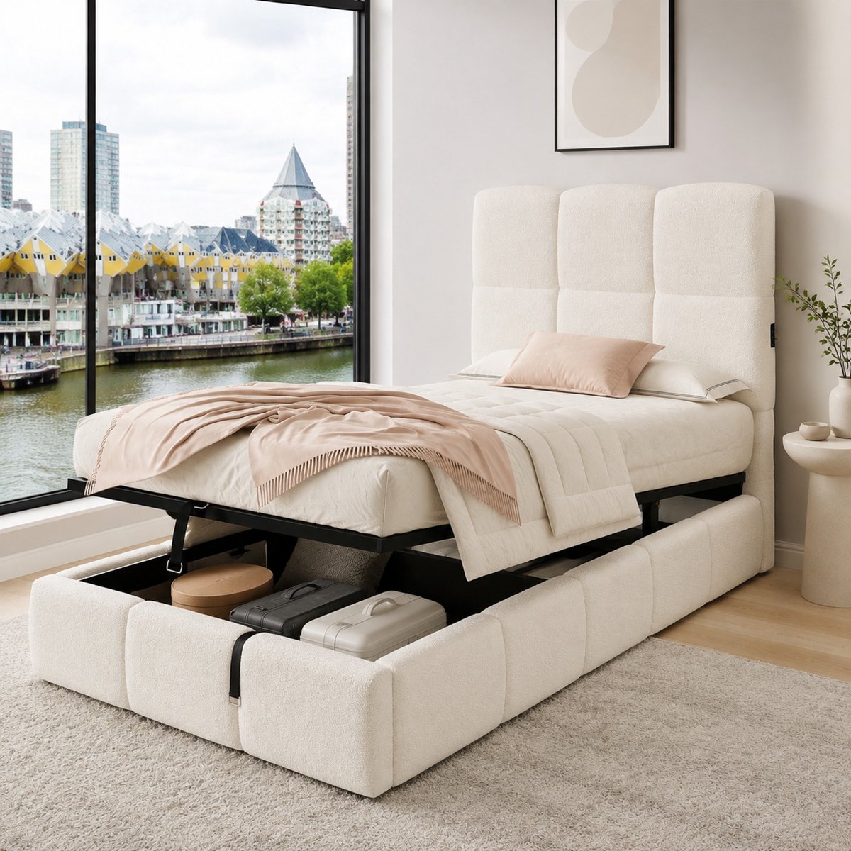 WUVRIE Gestoffeerd bed 90x200 cm met opbergruimte, lattenbodem en USB, beige