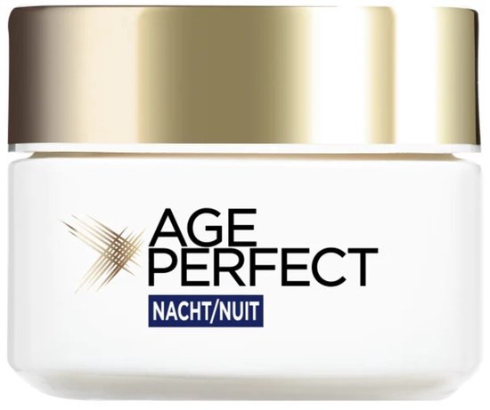 Wit potje met gouden deksel. Tekst: AGE PERFECT NACHT/NUIT.