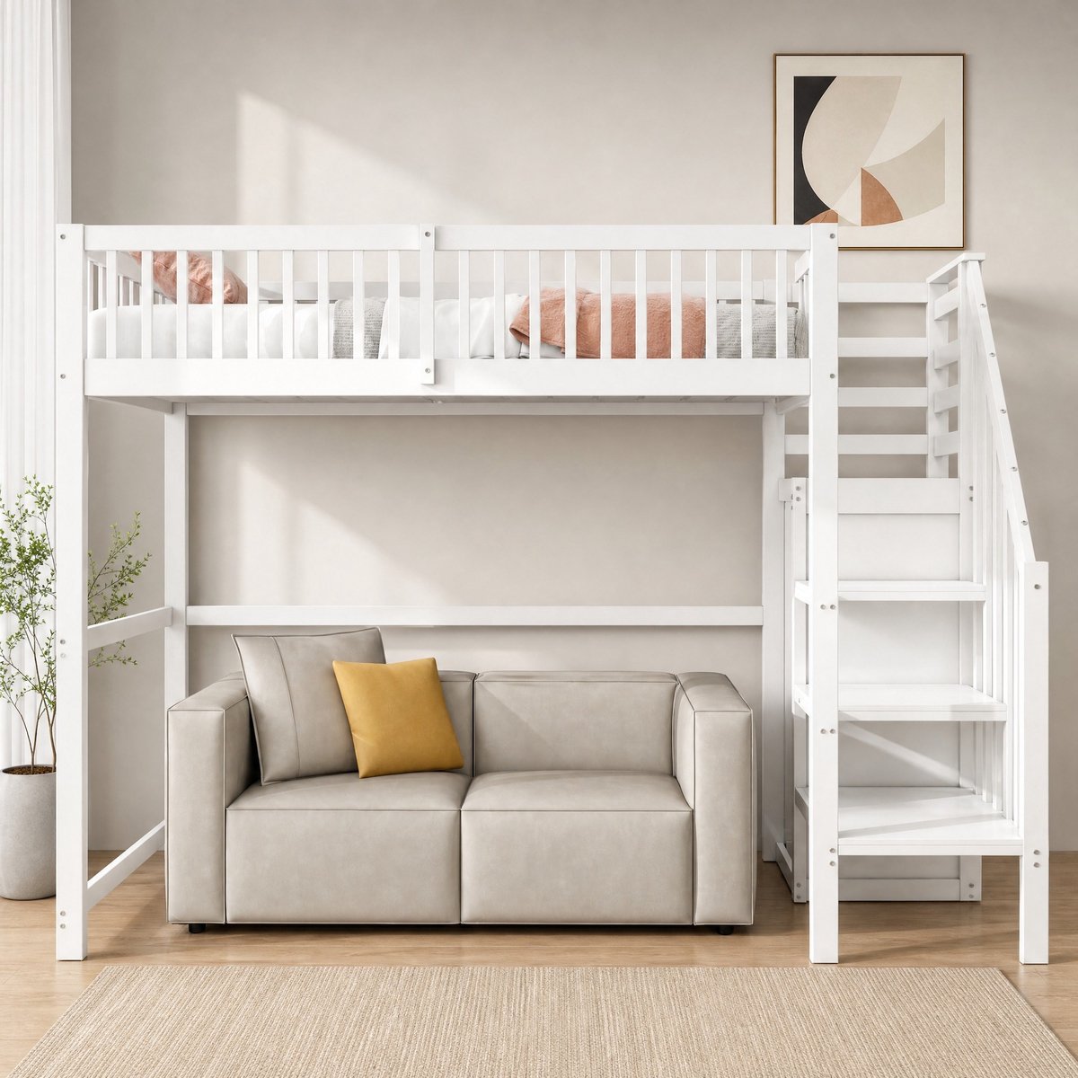 REDOM - Hoogslaper - Veiligheidsladder en hoge reling - Opbergruimte onder bed en kast onder trap - Hout - Wit - 255 x 95 x 177,5 cm