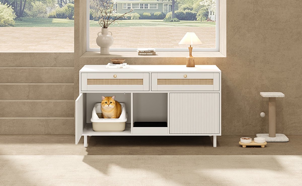 MODFU-Kattenbakcontainer-Dubbele Deuren-Kattenbakmat-Wit-120 X 50 X 65 Cm