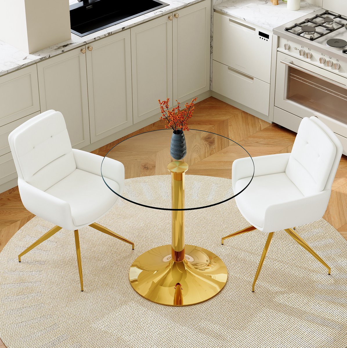 MODFU - Set Tafel En Stoelen - Ronde Glazen Eettafel - 2 Draaistoelen - Wit Goud