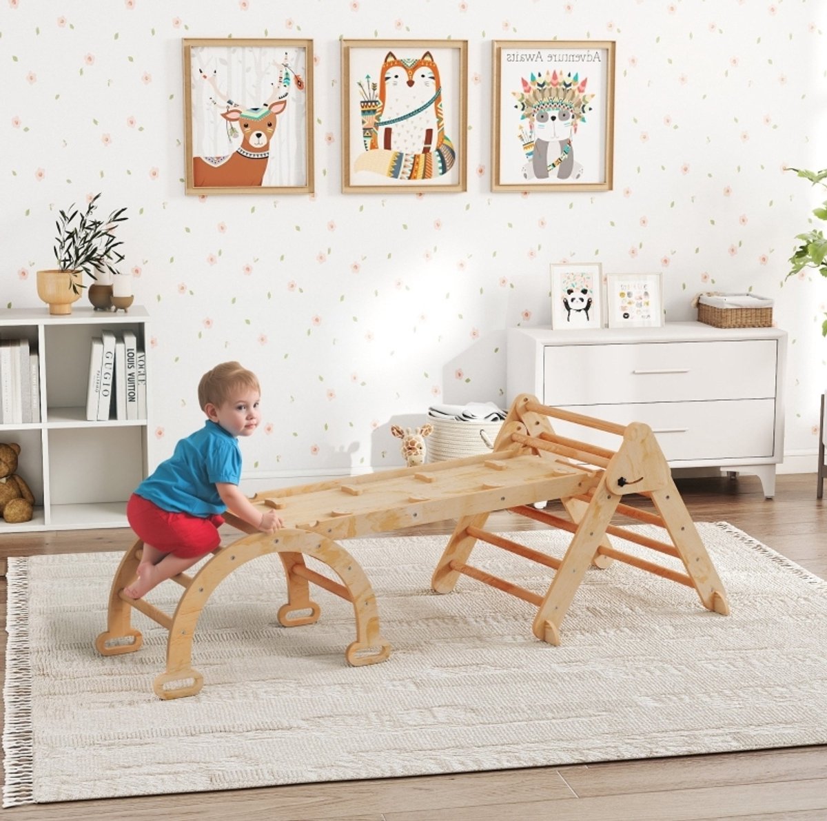 MODFU - Klimrek Voor Kinderen - Opvouwbaar - Met Glijbaan En Klimboog - Hout - Naturel