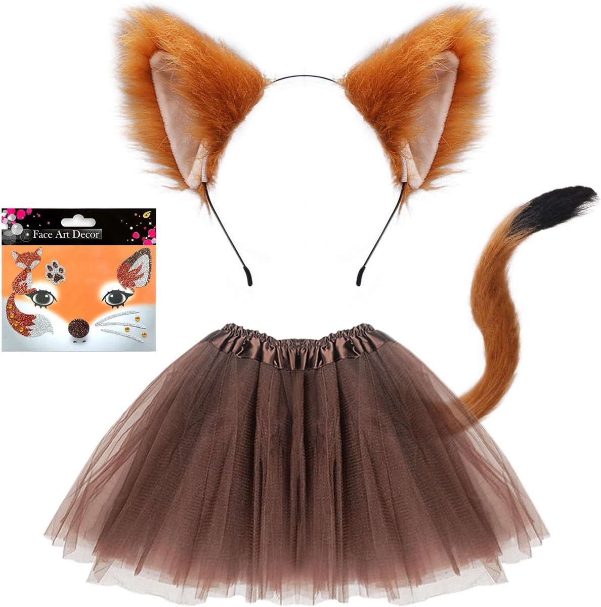 Fox Kostuum voor Kinderen en Volwassenen met Kunstmatige Oren, Staart, Tutu Rok en Gezichtstatoeages voor Cosplay en Halloween Feestjes