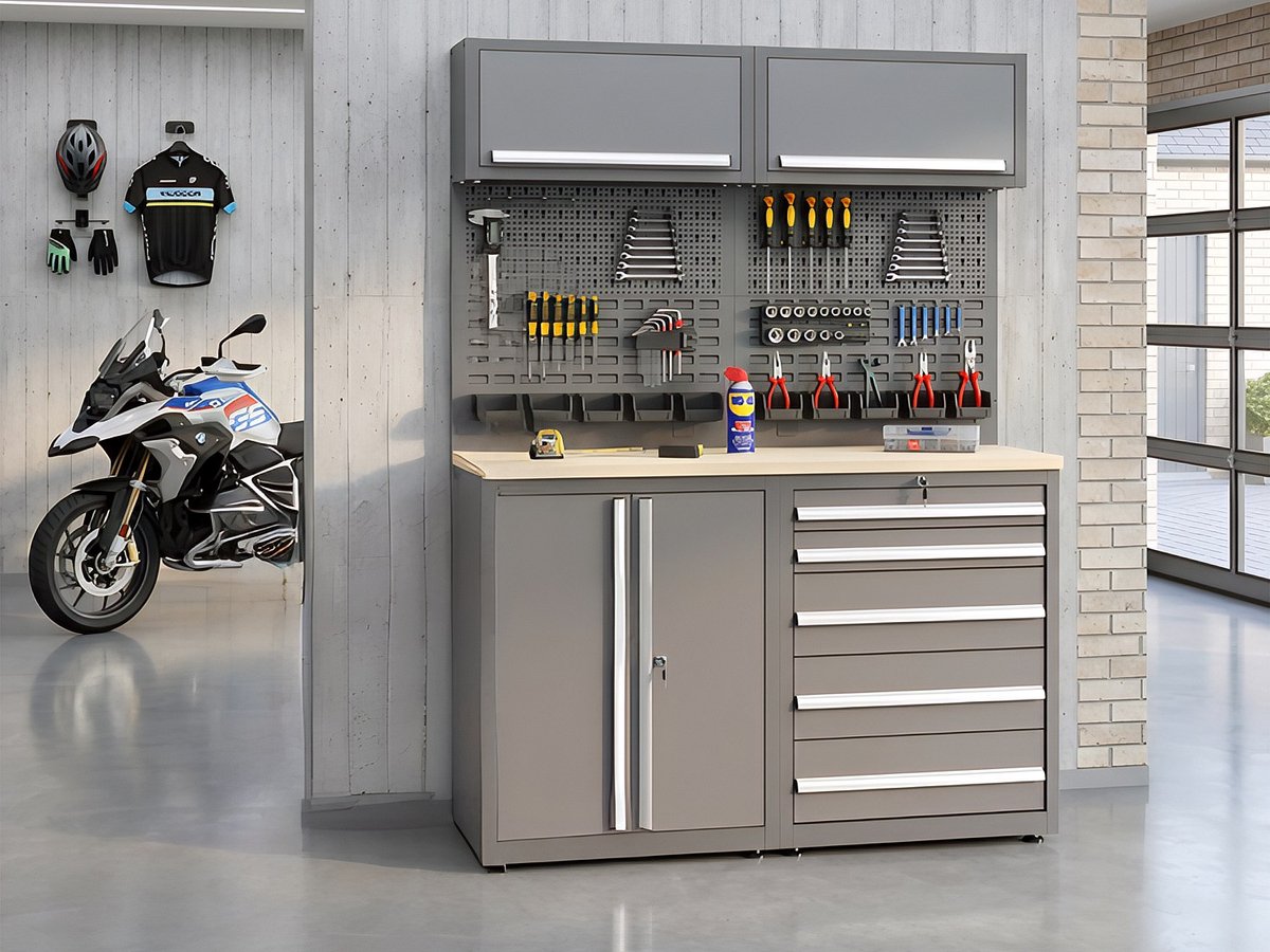 Vente-unique Werkbank in staal met 5 laden - B75 x D53 x H95 cm - Antracietgrijs ATELIOR