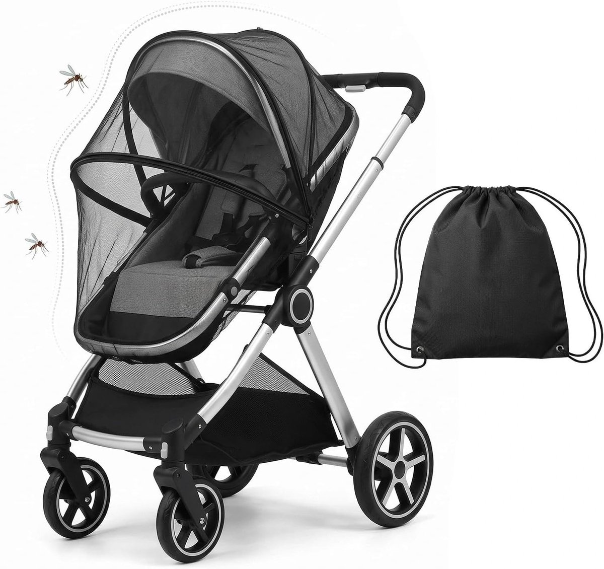 Muskietennet voor kinderwagens en buggies, effectieve insectenbescherming, zwart en duurzaam