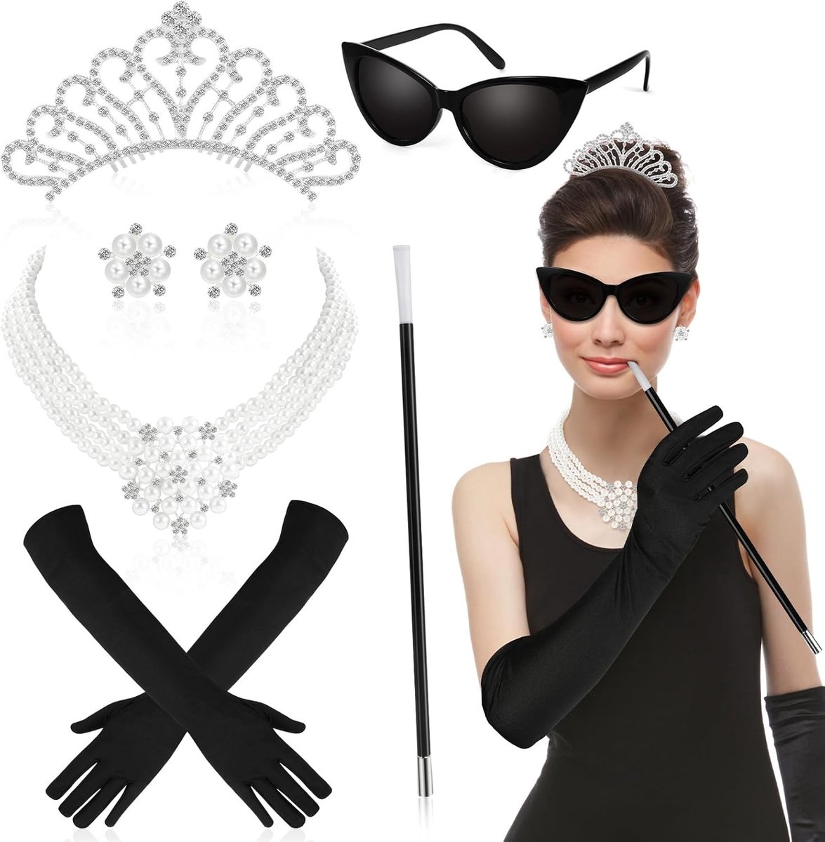 Vrouwelijk 1920s Kostuum met 20 Stuks Accessoires, Inclusief Tiara, Kralenketting, Oorbellen en Zonnebril voor Carnaval en Feestjes