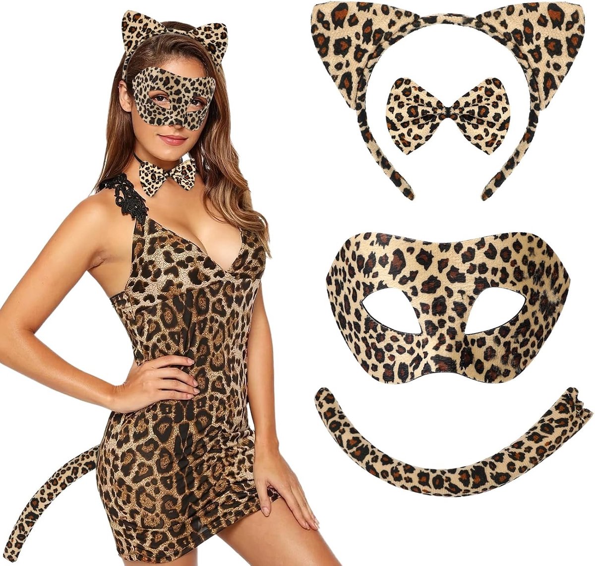 Leopard Kostuum voor Kinderen en Volwassenen met Oren, Staart en Masker voor Halloween en Carnaval Feestjes