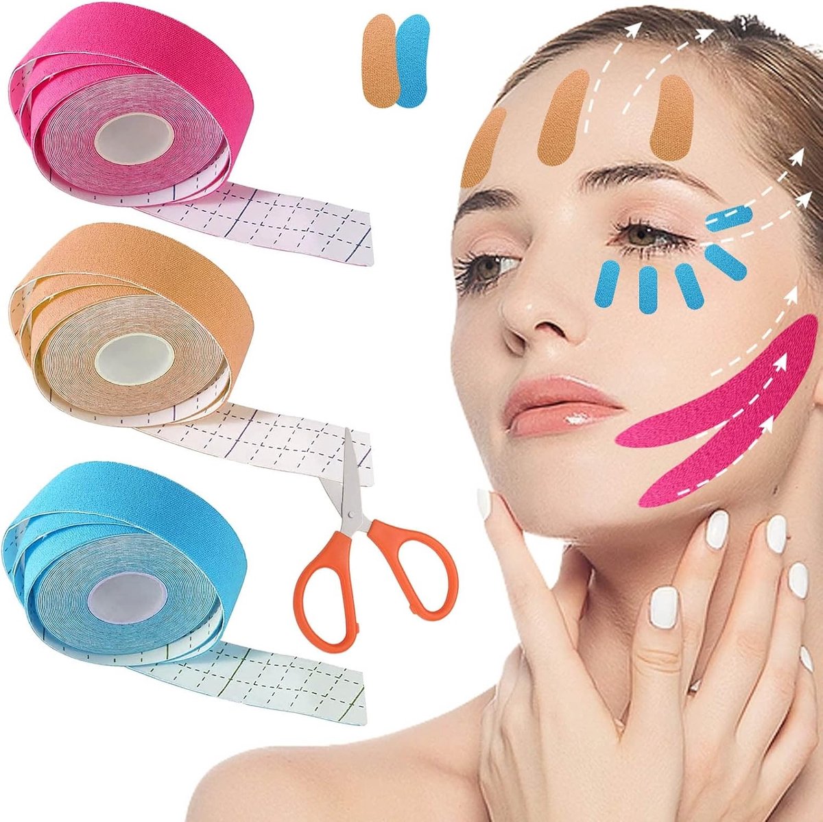 Drie-delige gezichtslift tape, onzichtbare stickers voor een directe lift, versterking van gezichtsspieren, V-vormige facelift pads, anti-rimpel oplossing voor een jeugdige uitstraling