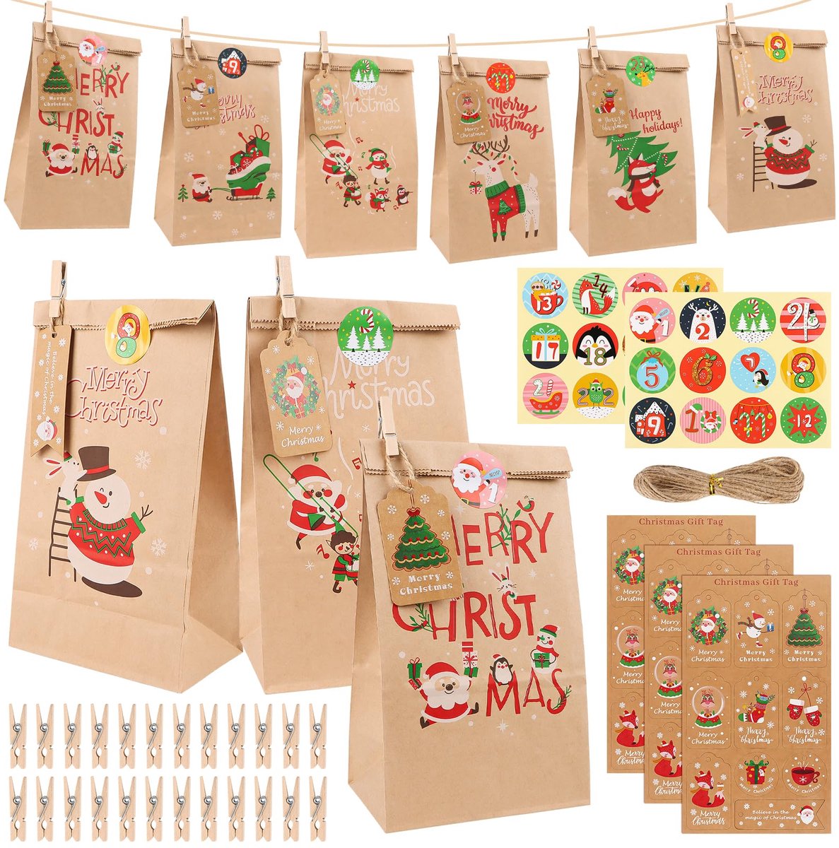 DIY adventskalender set, 24 kraft papieren zakjes, kerst stickers en ophangmateriaal, zelf vullen voor kerstdecoratie en cadeaus