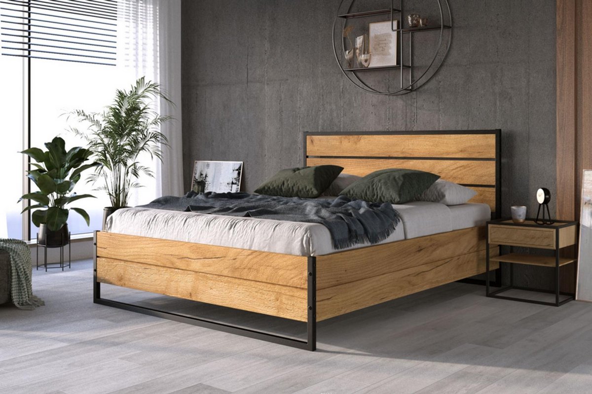 BMS LOFT 140x200 Bed with Mattress and Storage, Oak Wood