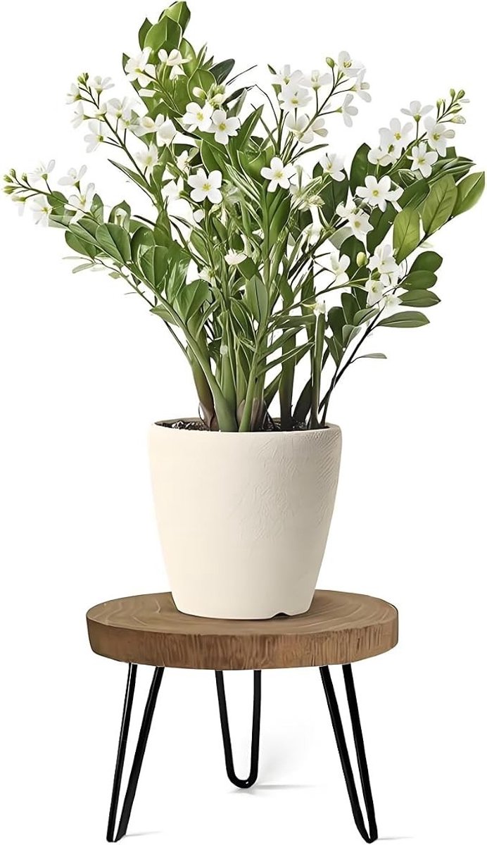 PolkaHome Plantenstandaard van hout met zwarte metalen poten
