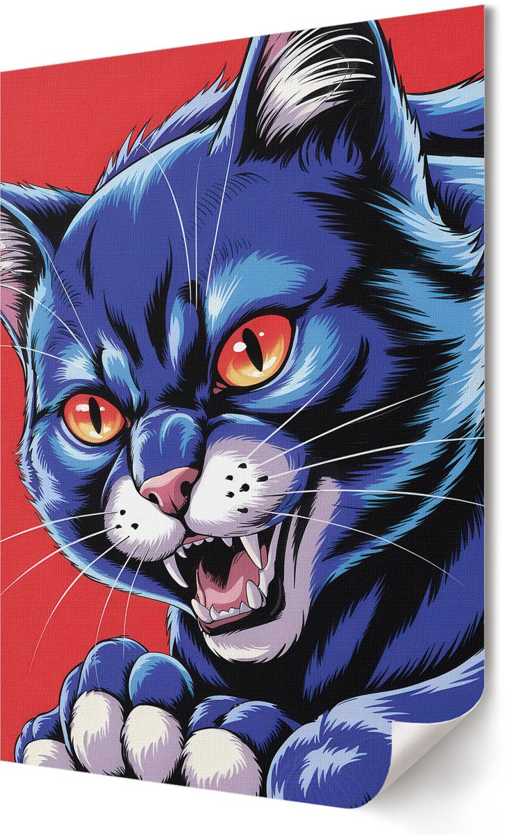 Coloray Polycanvas Poster - Blauwe Kat, Illustratie - 420 x 594 - Blauw Illustratie - Rechthoek - Decoratieve poster - Woonkamer, Slaapkamer, Kantoor - Popcultuur