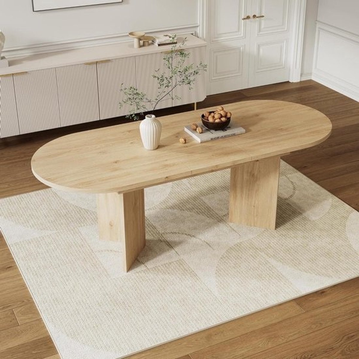Uittrekbare Eettafel - Ovale Tafel - Gezellig Tafelen - Verstelbaar Blad - 160 cm Lang - Natuurhoutkleur