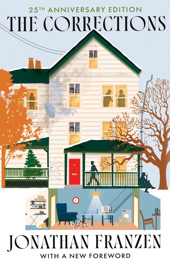 De 25e jubileumeditie van "The Corrections" van Jonathan Franzen, met een huis dat doorsneden is om de verschillende kamers te tonen, inclusief een kerstboom.