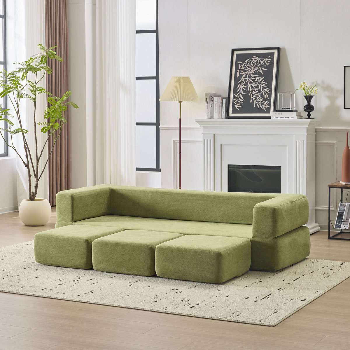 OKWISH Slaapbank 3-Zits – Modulair Bodemsofa Met Bedfunctie, Afneembare Chenille Hoes En Zachte Schuimvulling – Groen