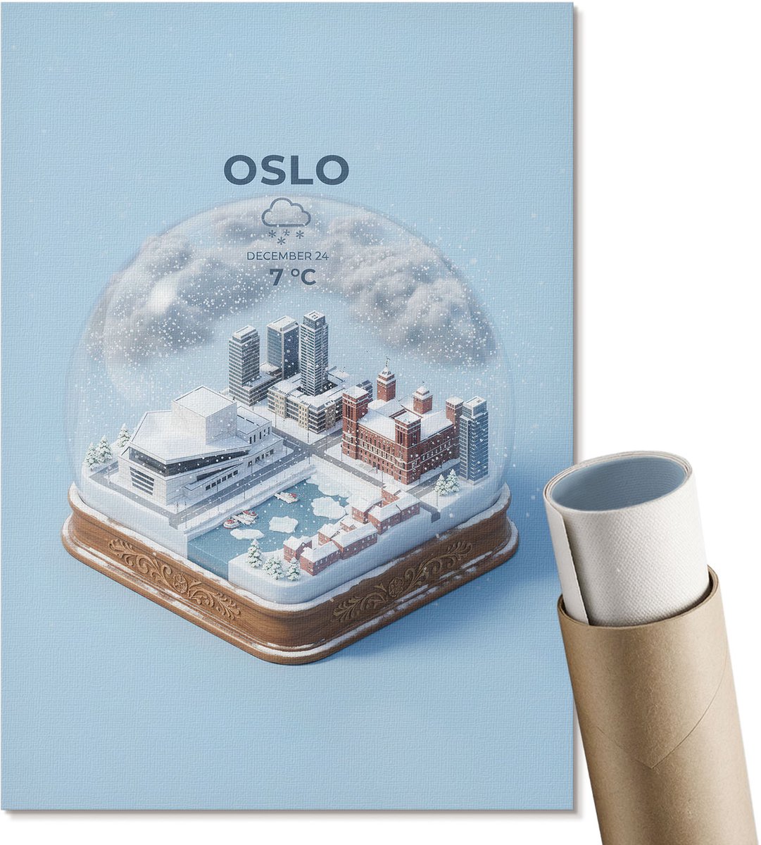 Coloray Polycanvas Wandposter - Oslo Sneeuwbol, Illustratie - A4 - Blauw Design - Rechthoek - Canvasposter - Woonkamer, Slaapkamer, Kantoor - Modern