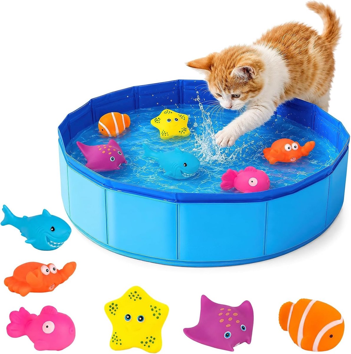 Opvouwbaar kattenzwembad 30 x 10 cm met drijvend speelgoed, perfect voor afkoelen en spelen in de zomer voor kleine honden en katten
