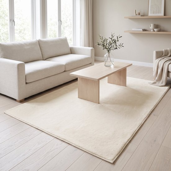 Crèmekleurig, hoogpolig vloerkleed in een modern ingerichte woonkamer.