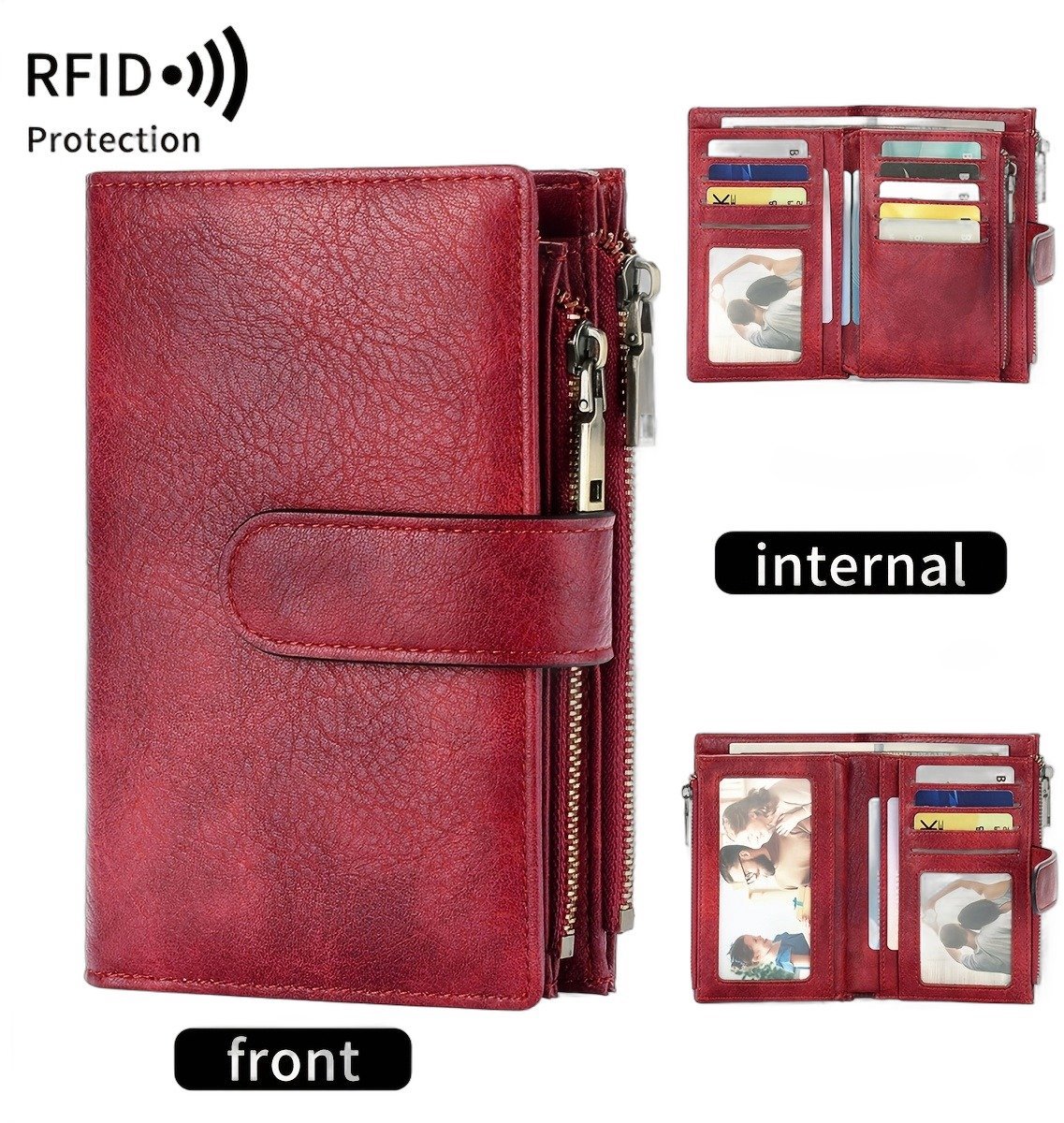 Currero Portomonee - Portemonnee Dames & Heren - RFID Anti Skim - Pasjeshouder - Klein Model - Met Rits - Kunstleer - Bordeauxrood