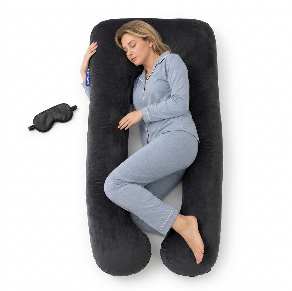 Comfeur Zwangerschapskussen XXL - Memory Foam Body Pillow - Lichaamskussen & Voedingskussen - 280 cm - Afneembare Velours Hoes - Verzwaarde Zijslaapkussen - Incl. Slaapmasker