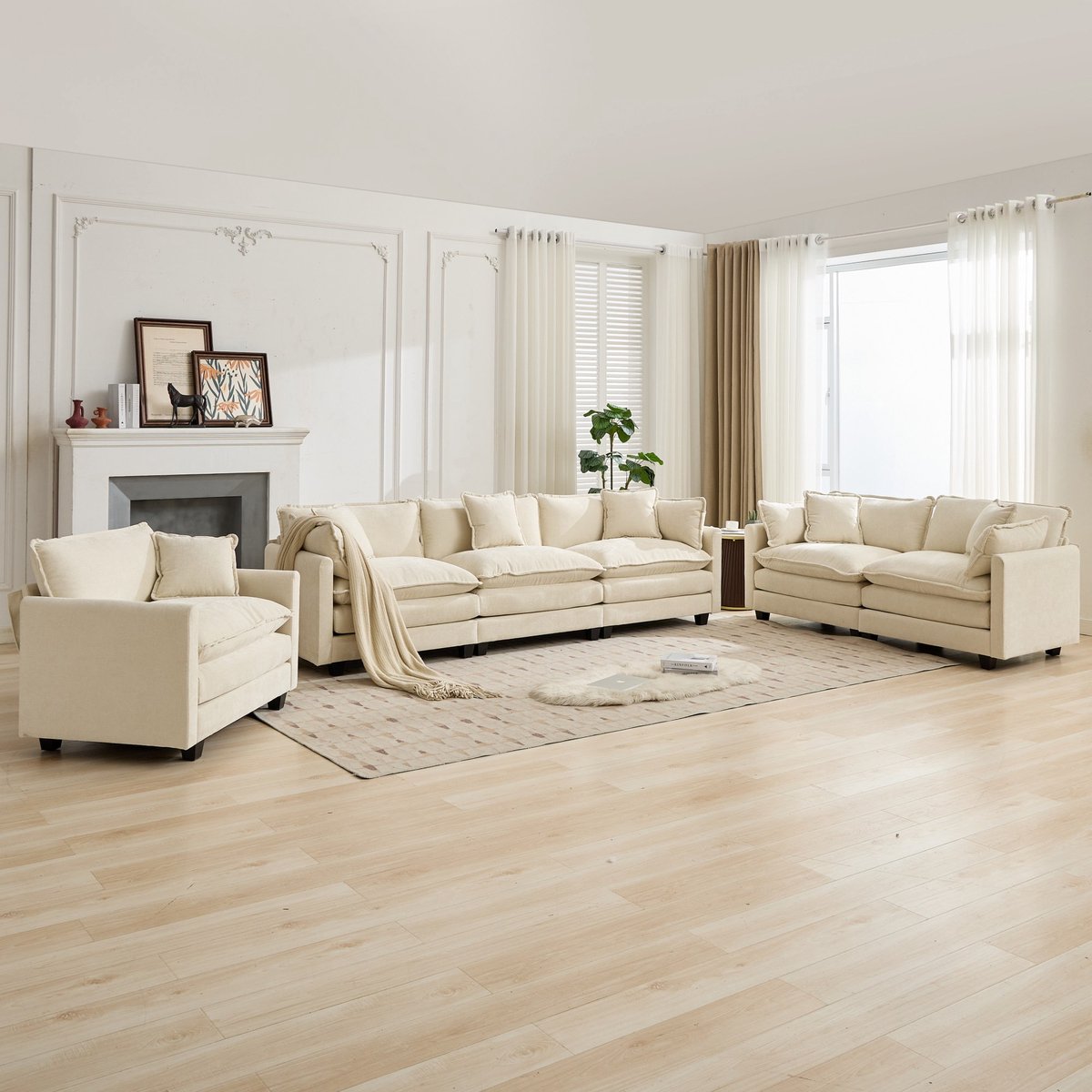 Zitbank - 289 x 75 x 84 cm - chenille bekleding - modulair samen te stellen - met rugkussens - met dikke zitkussens - voor woonkamer en slaapkamer