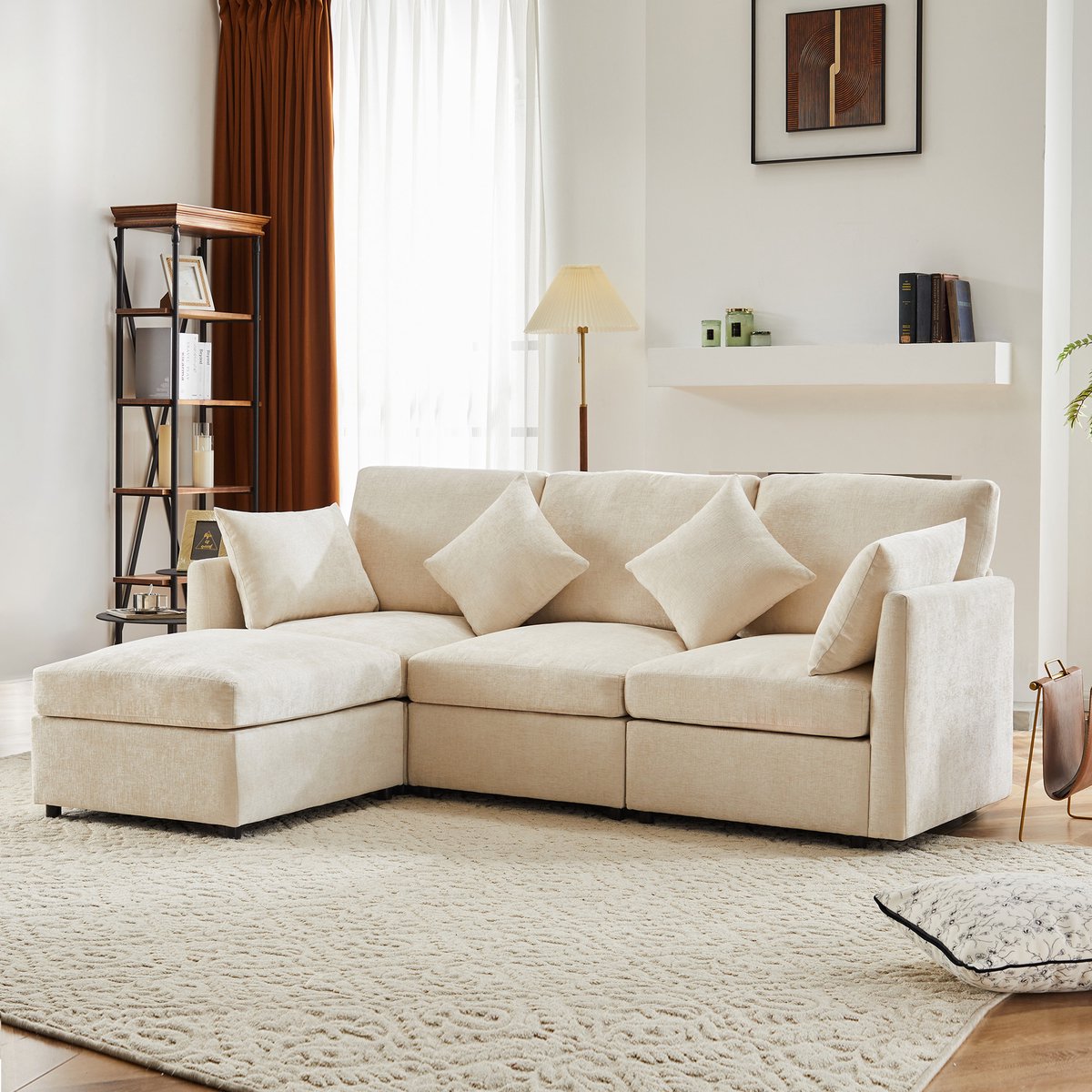 3-zits hoekbank - 216 x 161 x 81 cm - chenille bekleding - modulair samen te stellen - inclusief kussens - met veer- en schuimvulling - Beige