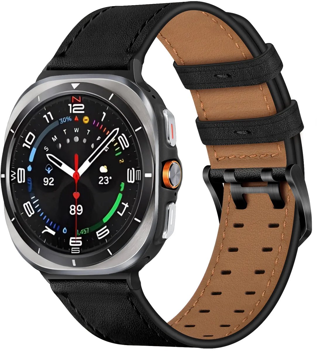 Strap-it Leren bandje met dubbele pin geschikt voor Samsung Galaxy Watch Ultra 2 (2026) / Ultra (2024/2025) - Zwart