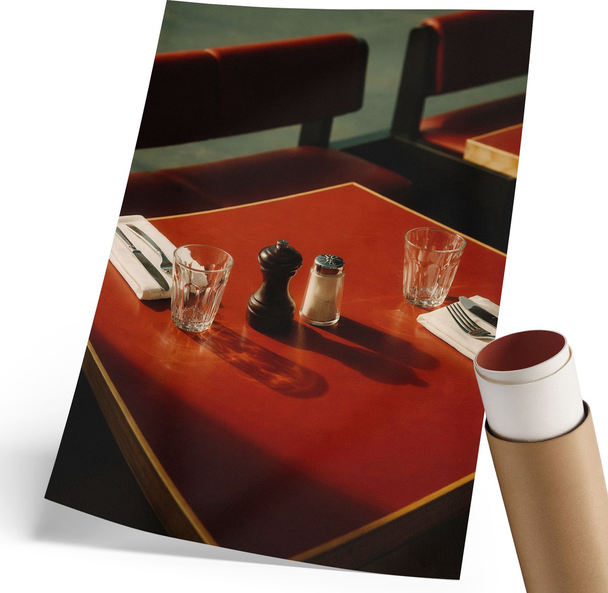 Coloray Polycanvas Wandposter - Een Tafel In Een Restaurant, Fotografie - 210 x 297 mm - Rood Patroon - Rechthoek - Muurkunst - Woonkamer, Slaapkamer, Kantoor - Retro