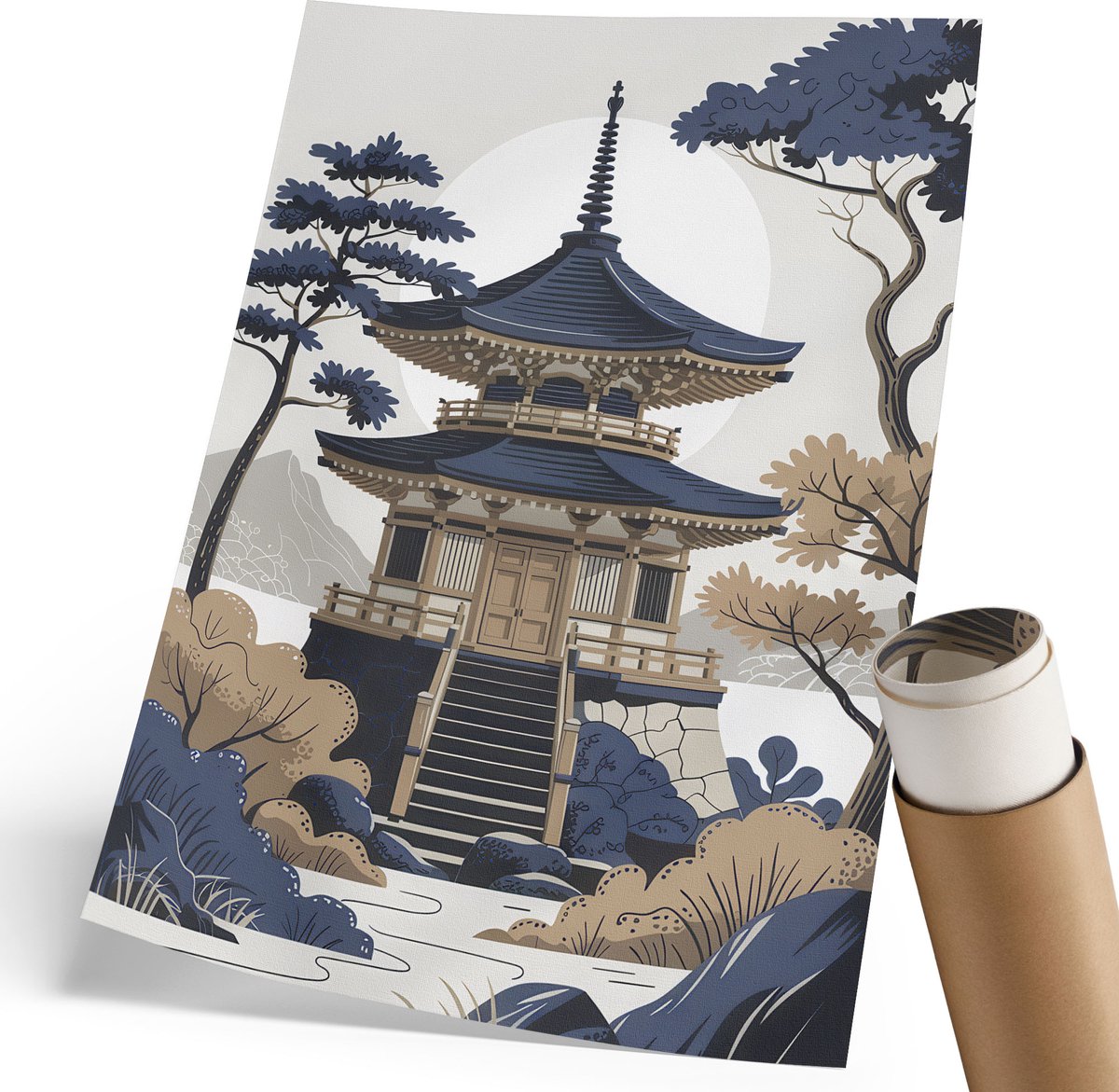 Coloray Polycanvas Wandposter - Japanse Tempel, Illustratie - 210 x 297 mm - Beige Motief - Rechthoek - Interieurdecoratie - Woonkamer, Slaapkamer, Kantoor - Japanse